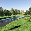 Scenic Park Landscape Featuring Green Lawn Trees Waterway People Walking And Blue Sky