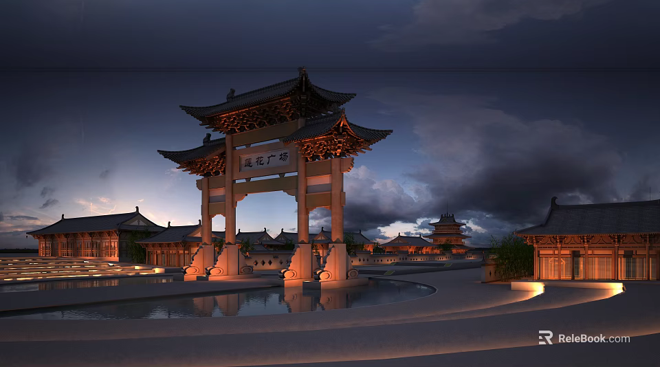 Traditional Chinese Ancient Architecture Archway with Curved Eaves and Pond Reflection Under Twilight Sky 3d model 