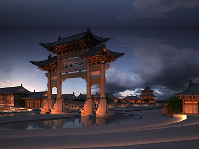 Traditional Chinese Ancient Architecture Archway with Curved Eaves and Pond Reflection Under Twilight Sky 3d model