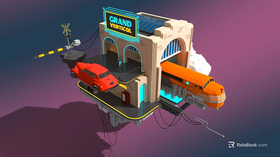 Cartoon Scene Featuring Grand Theatrical Sign Red Vintage Car Orange Train And Floating Platform 3d model 