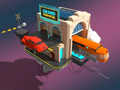 Cartoon Scene Featuring Grand Theatrical Sign Red Vintage Car Orange Train And Floating Platform 3d model