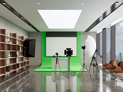 Modern Photography Studio Setup Featuring Green Screen Lighting Equipment Bookshelves And Chairs 3d model