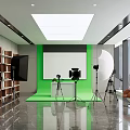 Modern Photography Studio Setup Featuring Green Screen Lighting Equipment Bookshelves And Chairs