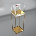 Transparent Glass Display Cabinet Shelf With Golden Metal Frame And Jewelry Items