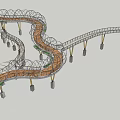 Winding Landscape Bridge with Curved Pathway Metal Structure and Stone Pillars