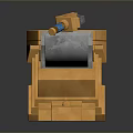 Ancient Axe On Golden Pedestal With Pentagram Platform And Blue Bottle
