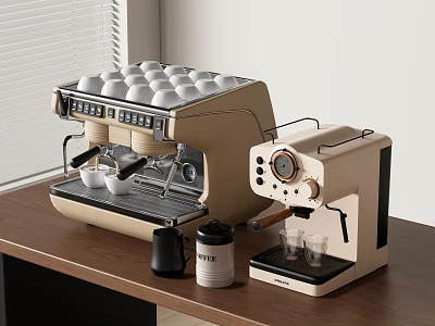 Modern Kitchen Appliances With Coffee Machines Cups And Coffee Canister On Countertop 3d model