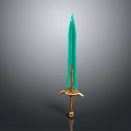 Ornate Teal Blade Sword with Golden Hilt and Intricate Decorative Design