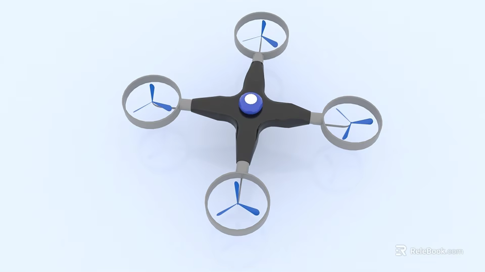 Black Quadcopter Drone With Blue Central Light Four Rotors Gray Frames And Blue Blades 3d model 