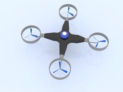Black Quadcopter Drone With Blue Central Light Four Rotors Gray Frames And Blue Blades 3d model