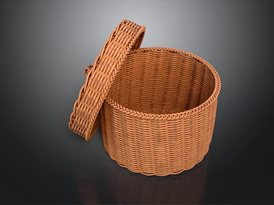 Handwoven Round Brown Wicker Basket With Open Lid And Storage Design 3d model