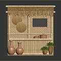 Bamboo Display Shelf With Thatched Roof Terracotta Pots And Small Plants