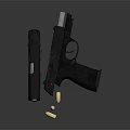 Black Handgun Displayed Alongside Another Handgun With Scattered Bullets On Dark Surface 3d model