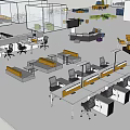 Office Desk Layout With Components Storage Chair And Workspace Accessories 3d model