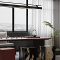 Modern Tea Room With Large Windows Green Plants And Minimalist Furniture