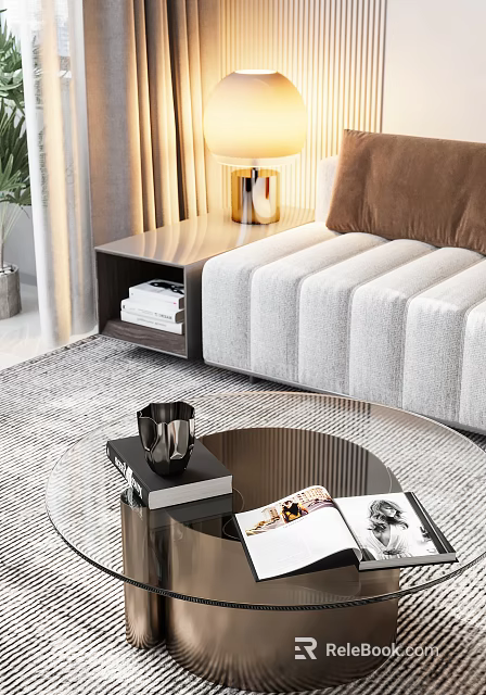 Modern Living Room Interior Design With Gray Sofa Glass Coffee Table And Side Table 3d model 