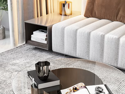 Modern Living Room Interior Design With Gray Sofa Glass Coffee Table And Side Table 3d model