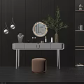 Modern Dressing Table with Round Mirror Pink Stool and Hanging Lights on Dark Wooden Background