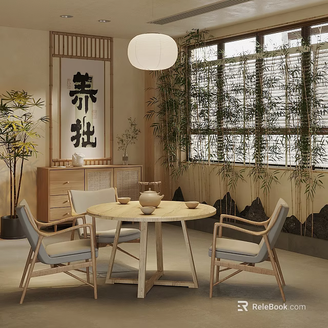 Zen Style Wooden Tea Table And Chairs With Round Armchairs Bamboo Screen And Hanging Lamp 3d model 