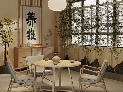 Zen Style Wooden Tea Table And Chairs With Round Armchairs Bamboo Screen And Hanging Lamp 3d model