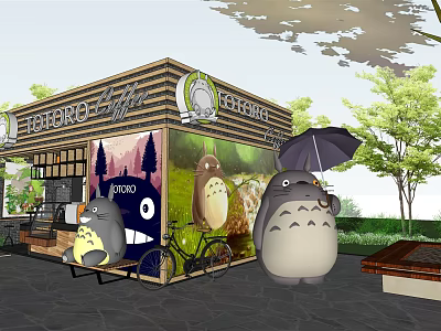 Life Story Cafe Exterior Featuring Wooden Structure Totoro Dolls Blue Bicycle Black Umbrella Trees Benches 3d model