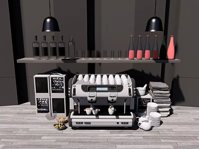 Modern Kitchen Appliances With Espresso Machine Countertop Setup And Bottles Glasses Towels 3d model