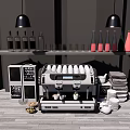 Modern Kitchen Appliances With Espresso Machine Countertop Setup And Bottles Glasses Towels