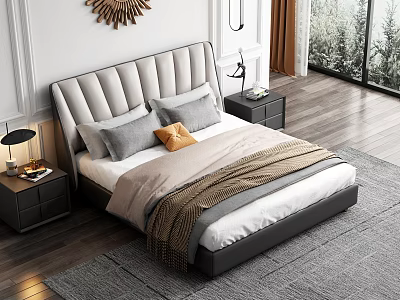 Modern Upholstered Double Bed with Gray Orange Pillows Beige Blanket Black Nightstands Wooden Floor and Large Window 3d model