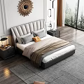 Modern Upholstered Double Bed with Gray Orange Pillows Beige Blanket Black Nightstands Wooden Floor and Large Window
