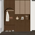 Modern Wooden Shoe Cabinet With Woven Doors Open Shelf And Coat Hanger Storage
