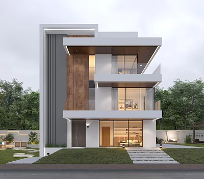 Modern Detached Villa Featuring Two Story Design Large Glass Windows And Wooden Balconies 3d model