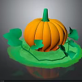Fresh Orange Pumpkin With Green Stem And Leaves On Green Base