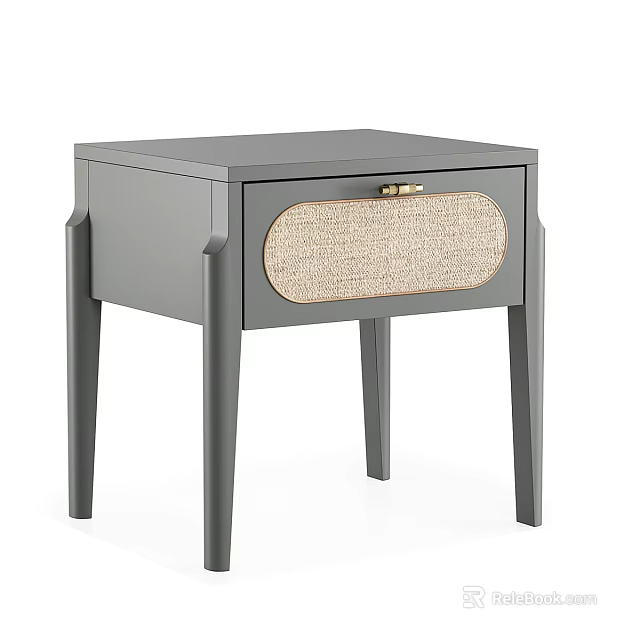 Modern Gray Nightstand With Drawer Wicker Front Panel And Brass Handle 3d model 