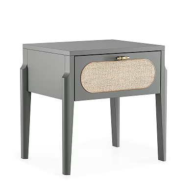 Modern Gray Nightstand With Drawer Wicker Front Panel And Brass Handle 3d model