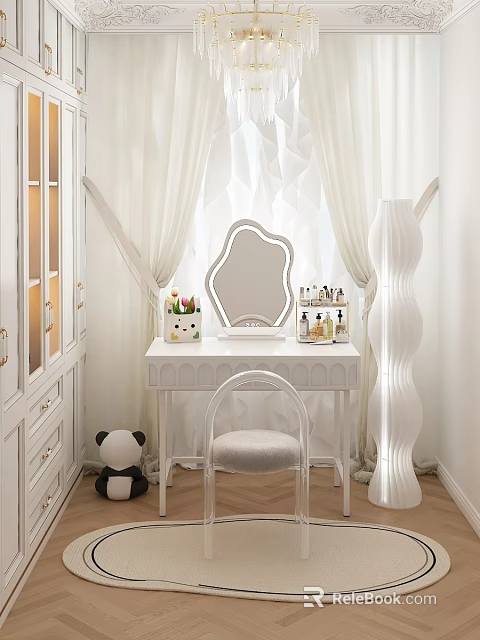 Elegant White Dressing Table With Oval Mirror Acrylic Chair And Cosmetics In Bedroom 3d model 
