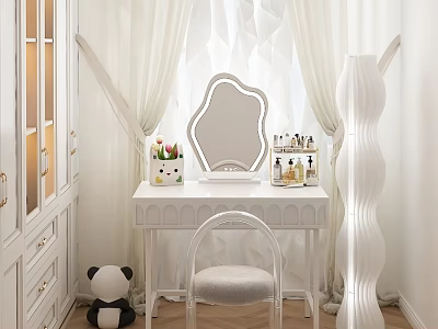 Elegant White Dressing Table With Oval Mirror Acrylic Chair And Cosmetics In Bedroom 3d model