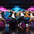 Men Dancing in Dynamic Poses at Dance Studio With Graffiti Wall and Neon Lights