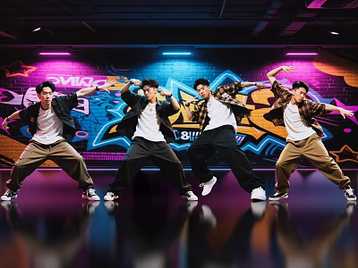 Men Dancing in Dynamic Poses at Dance Studio With Graffiti Wall and Neon Lights 3d model
