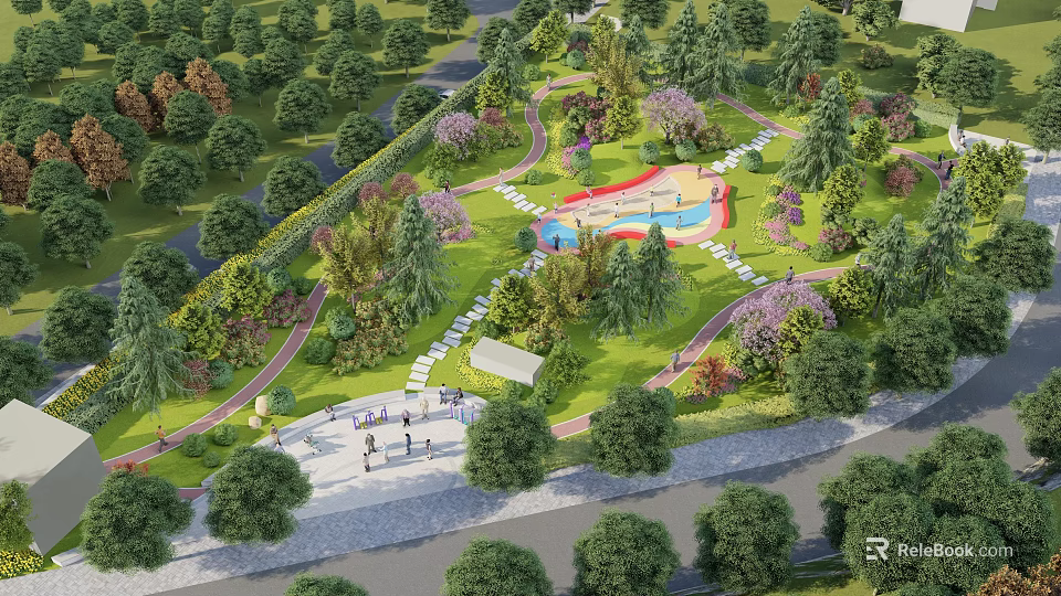 Garden Landscape Design With Lush Trees Colorful Plants Winding Paths and Playground Area 3d model 