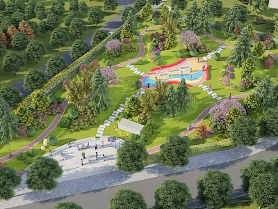 Garden Landscape Design With Lush Trees Colorful Plants Winding Paths and Playground Area 3d model