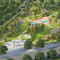 Garden Landscape Design With Lush Trees Colorful Plants Winding Paths and Playground Area