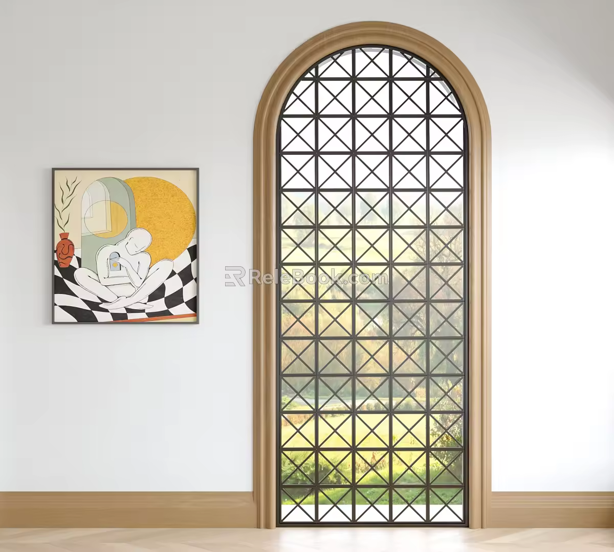 European-style floor-to-ceiling window arched window glass partition abstract decorative painting European-style skirting line 3d model