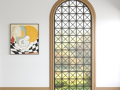 European-style floor-to-ceiling window arched window glass partition abstract decorative painting European-style skirting line 3d model