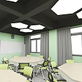 School Modern Classroom Featuring Large Interactive Screen Round Tables Green Chairs And Hexagonal Lights 3d model
