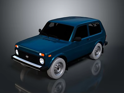 Blue Vintage Compact Car With Retro Square Body And Black Windows 3d model