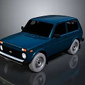 Blue Vintage Compact Car With Retro Square Body And Black Windows