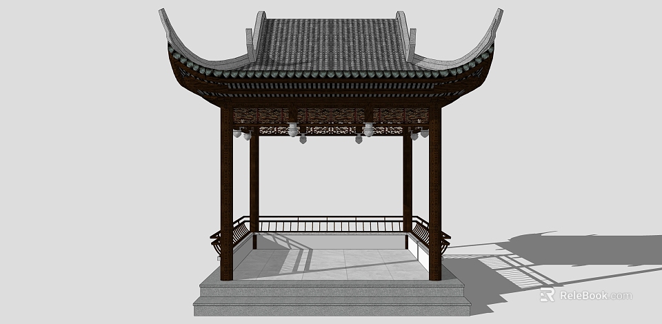Traditional Chinese Pavilion With Curved Eaves Roof Wooden Structure And Carved Ornaments 3d model 