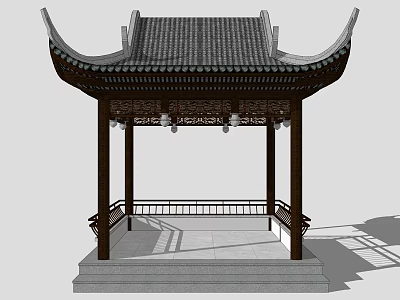 Traditional Chinese Pavilion With Curved Eaves Roof Wooden Structure And Carved Ornaments 3d model