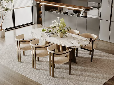 Modern Kitchen Interior With Oval Marble Top Dining Table And Six Beige Upholstered Wooden Chairs 3d model