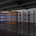 Various Warehouse Storage Racks With Blue Frames And Yellow Shelves In Reflective Floor Setting
